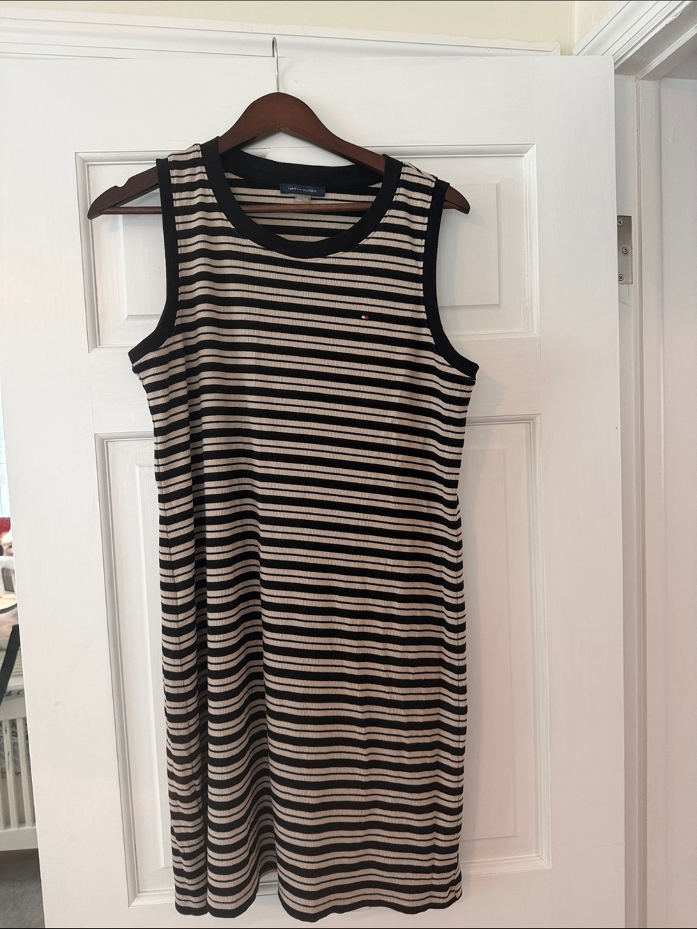 Tommy Hilfiger Black and Cream Striped Sleeveless Knit Dress